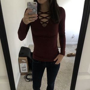 Burgundy Ribbed Long Sleeve Shirt